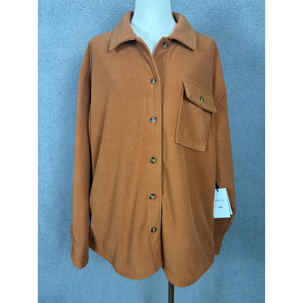 RVCA Women's Polar Birdie Shacket Mocha Bisque Overshirt Large Front Pocket NWTs